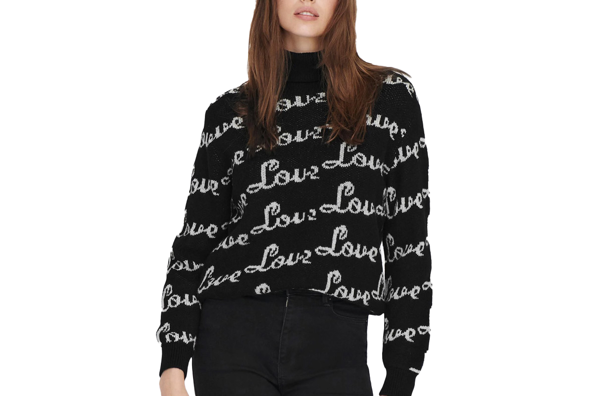 Only Onljade Text Highneck Pullover Knt Μπλούζα Πλεκτή - Πουλόβερ (15276337 BLACK-W CLOUD D) Μαύρο